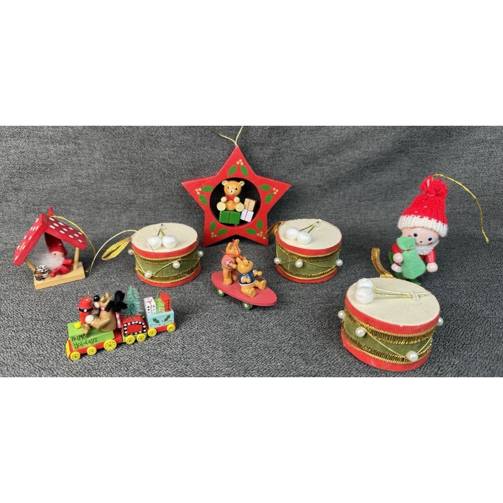 Lot Of 8 Vintage Handmade Christmas Ornaments Drums Elf Train